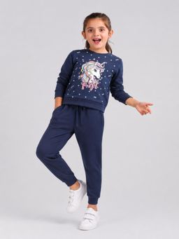 PLUM TREE - Girls Navy Blue Soft Cotton Full Sleeve T-Shirt And Joggers