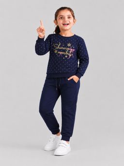 PLUM TREE - Girls Navy Blue Soft Cotton Full Sleeve T-Shirt And Joggers