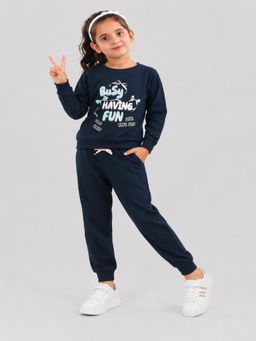 PLUM TREE - Girls Navy Blue Soft Cotton Full Sleeve T-Shirt And Joggers