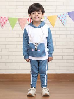 Polka Tots - Blue Cotton Full Sleeve Animal Print Sweatshirt And Joggers