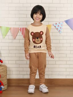 Polka Tots - Brown Cotton Full Sleeve Bear Patch Sweatshirt And Joggers