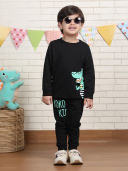 Polka Tots - Black Cotton Full Sleeve Crocodile Print Sweatshirt And Joggers