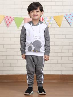 Polka Tots - Grey Cotton Full Sleeve Elephant Print Sweatshirt And Joggers
