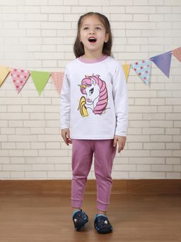 Polka Tots - White Cotton Full Sleeve Unicorn Print Sweatshirt And Joggers