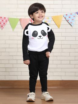 Polka Tots - Black Cotton Full Sleeve Panda Print Sweatshirt And Joggers