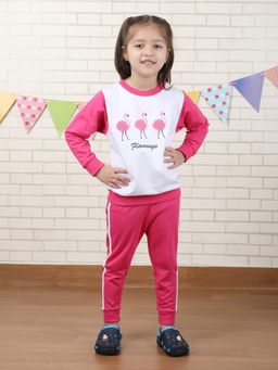 Polka Tots - Pink Cotton Full Sleeve Flamingo Print Sweatshirt And Joggers