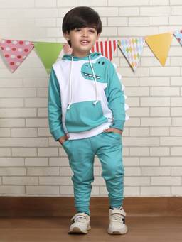 Polka Tots - Turquoise Cotton Full Sleeve Dino Print Sweatshirt And Joggers