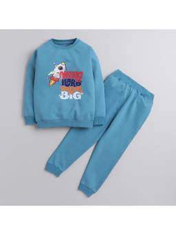 Polka Tots - Blue Cotton Full Sleeve Airplane Print Sweatshirt And Joggers