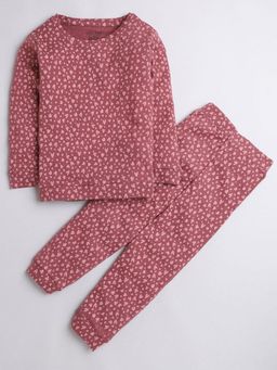 Polka Tots - Pink Cotton Full Sleeve Heart Print Sweatshirt And Joggers