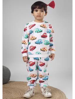 Polka Tots - White Cotton Full Sleeve Cars Print Sweatshirt And Joggers