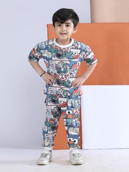 Polka Tots - Blue Cotton Full Sleeve Cartoon Print Sweatshirt And Joggers
