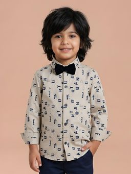 Polka Tots - Beige Cotton Full Sleeve Alphabet Print Shirt With Bow Tie