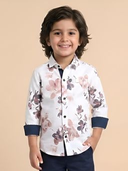 Polka Tots - White Cotton Full Sleeve Peach Flower Print Shirt