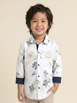 Polka Tots - White Cotton Full Sleeve Yellow Flower Print Shirt