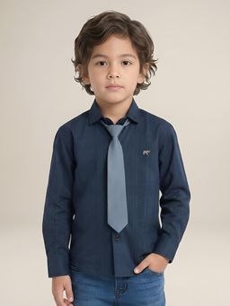 Polka Tots - Navy Blue Cotton Full Sleeve Checks Shirt With Tie
