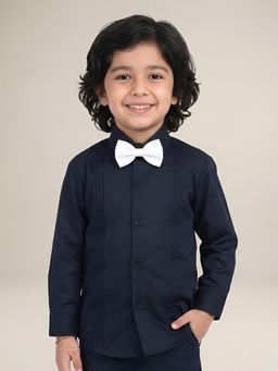 Polka Tots - Navy Blue Cotton Full Sleeve Solid Shirt With Bow Tie