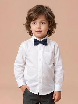 Polka Tots - White Cotton Full Sleeve Solid Shirt With Bow Tie