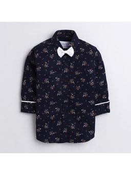 Polka Tots - Navy Blue Cotton Full Sleeve Floral Print Shirt With Bow Tie