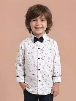 Polka Tots - White Cotton Full Sleeve Floral Print Shirt With Bow Tie