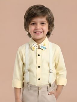 Polka Tots - Yellow Cotton Full Sleeve Solid Shirt With Bow Tie And Suspender