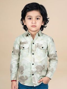 Polka Tots - Green Cotton Full Sleeve Camouflage Print Dual Pocket Shirt