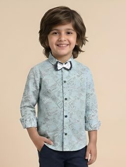 Polka Tots - Blue Cotton Full Sleeve Zig Zag Print Shirt With Bow Tie