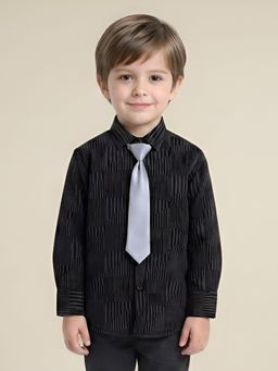 Polka Tots - Black cotton Full Sleeve Textured Print Shirt With Tie