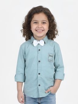 Polka Tots - Green Cotton Full Sleeve Patch Shirt With Bow Tie