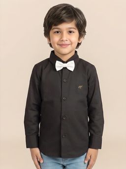 Polka Tots - Black Cotton Full Sleeve Solid Shirt With Bow Tie