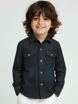 Polka Tots - Black Cotton Full Sleeve Solid Dual Pocket Shirt