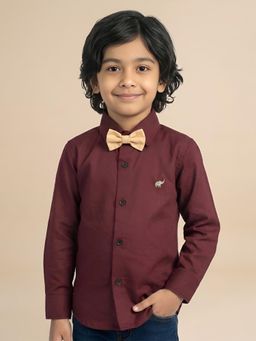 Polka Tots - Maroon Cotton Full Sleeve Solid Shirt With Bow Tie
