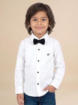 Polka Tots - White Cotton Full Sleeve Solid Shirt With Bow Tie
