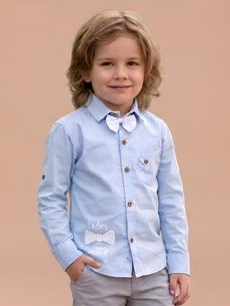 Polka Tots - Blue Cotton Full Sleeve Bow Tie Patch Shirt With Bow Tie