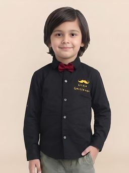 Polka Tots - Black Cotton Full Sleeve Moustache Patch Shirt With Bow Tie
