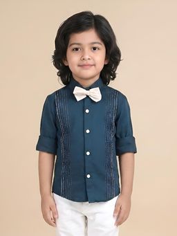 Polka Tots - Teal Cotton Full Sleeve Lining Shirt With Bow Tie