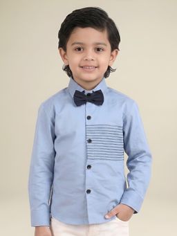 Polka Tots - Blue Cotton Full Sleeve Stripes Shirt With Bow Tie