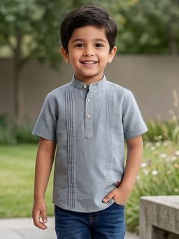Polka Tots - Grey Cotton Half Sleeve Solid Shirt