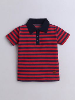 Polka Tots - Red Cotton Half Sleeve Checks Print Polo T-Shirt