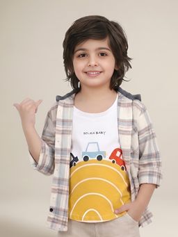 Polka Tots - Cream Cotton Full Sleeve Car And Voyage Print T-Shirt Attached Shirt