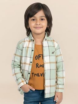 Polka Tots - Green Cotton Full Sleeve Checks Print T-Shirt Attached Shirt