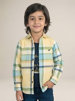 Polka Tots - Yellow Cotton Full Sleeve Checks Print T-Shirt Attached Shirt