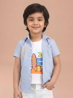 Polka Tots - Blue Cotton Half Sleeve Beach Print T-Shirt Attached Shirt