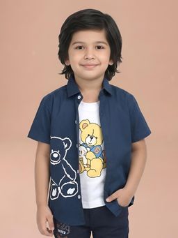 Polka Tots - Navy Blue Cotton Half Sleeve Teddy Print T-Shirt Attached Shirt
