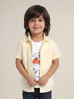 Polka Tots - Yellow Cotton Half Sleeve Travel Print T-Shirt Attached Shirt