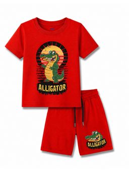 KAVEE - Red Pure Cotton Bio-Washed Printed T-Shirt With Shorts