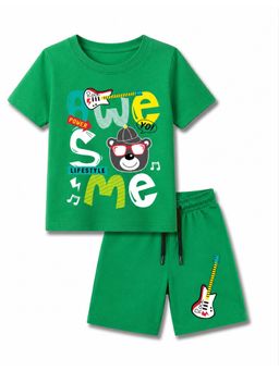 KAVEE - Green Pure Cotton Bio-Washed Printed T-Shirt With Shorts