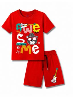 KAVEE - Red Pure Cotton Bio-Washed Printed T-Shirt With Shorts