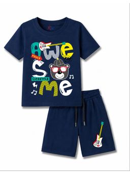 KAVEE - Navy Blue Pure Cotton Bio-Washed Printed T-Shirt With Shorts