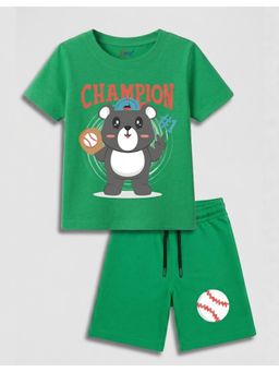 KAVEE - Green Pure Cotton Bio-Washed Printed T-Shirt With Shorts