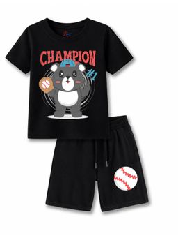 KAVEE - Black Pure Cotton Bio-Washed Printed T-Shirt With Shorts